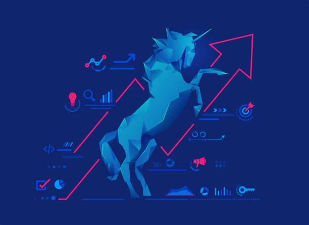unicornStartup concept of unicorn startup or successful business, graphic of low poly unicorn with startup business elements unicorn stock illustrations