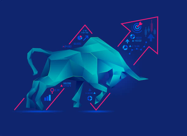 polyBull concept of bullish in stock market exchange, graphic of low poly bull with increasing graph bull market stock illustrations