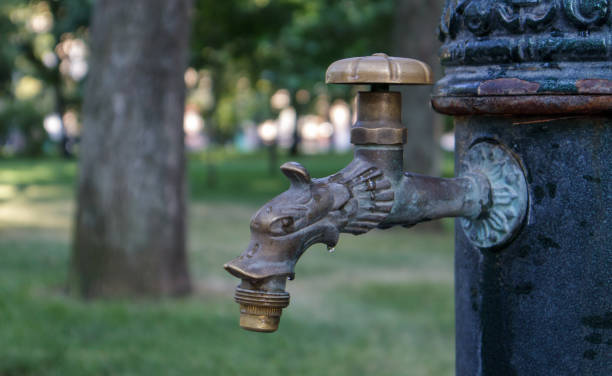 water well in the park in summer, pumping system, close-up and side view of a beautiful metal bronze faucet. part of an old iron outdoor tap. click on the mineral water pump room - well fountain water pipe pipe imagens e fotografias de stock