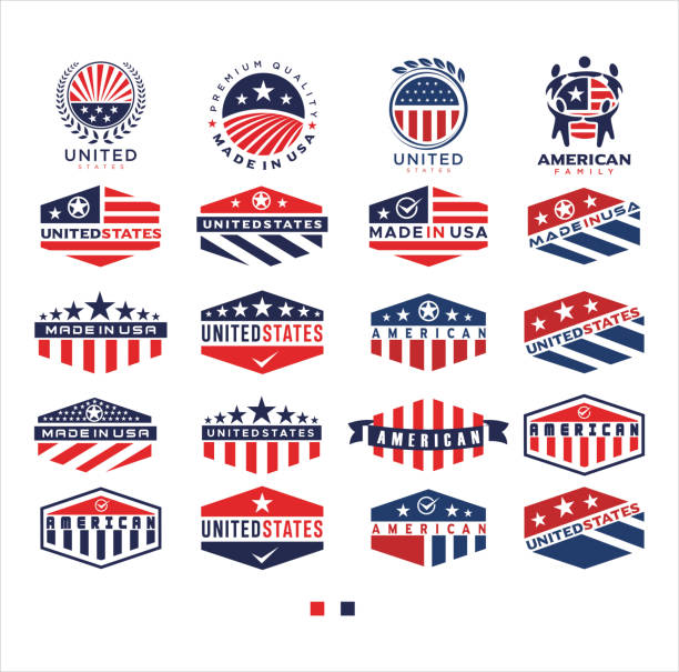 ilustraciones, imágenes clip art, dibujos animados e iconos de stock de big set of united states design vector stock. hecho en la bandera de estados unidos. icono de ee.uu. - american flag flag american culture star shape