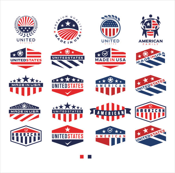 duży zestaw zapasów wektorów projektowych w stanach zjednoczonych. wykonane w usa amerykańskiej flagi. ikona usa - guarantee seal stock illustrations