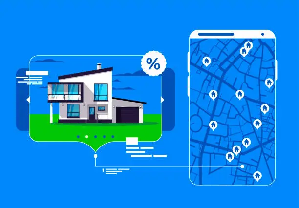 Vector illustration of Vector illustration of a map of the area on the smartphone screen with the locations of houses for sale, a detailed description of a modern country two-storey house, real estate for sale