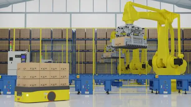 Factory 4.0 concept: The cartons are arranged on the AGV by palletizing robots in smart factory. 3D illustration