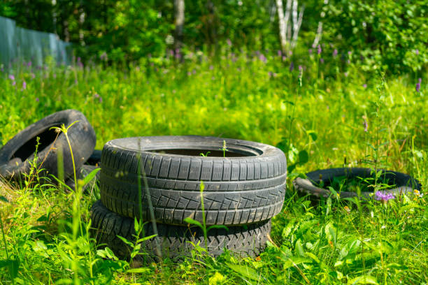 Old rubber car tires stock photo