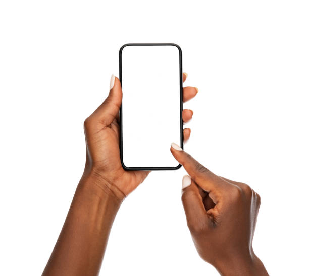 istock Black woman hands using smart phone on white background 1333518322