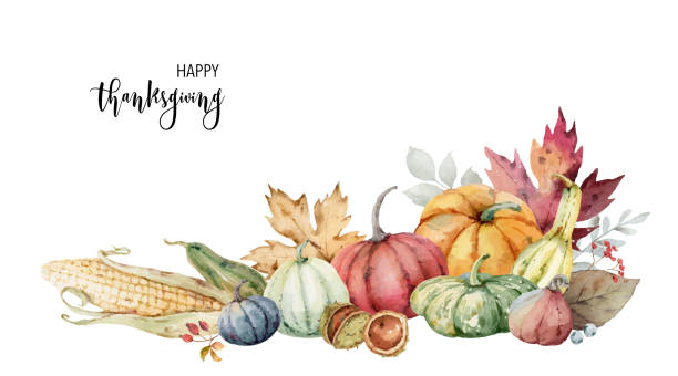 ilustrações de stock, clip art, desenhos animados e ícones de watercolor vector festive autumn decor of colorful pumpkins, corn, chestnuts and leaves. concept of thanksgiving day or halloween. botanical illustration isolated on white background. - thanksgiving autumn pumpkin backgrounds