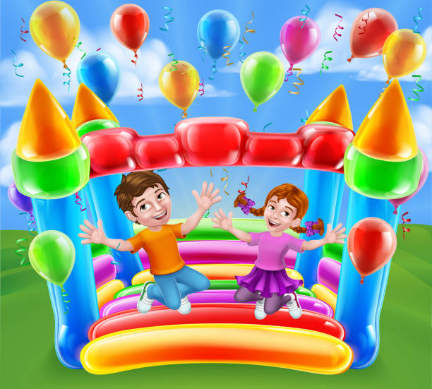 illustrazioni stock, clip art, cartoni animati e icone di tendenza di bouncy house castle jumping girl boy kids cartoon - inflatable castle play playground