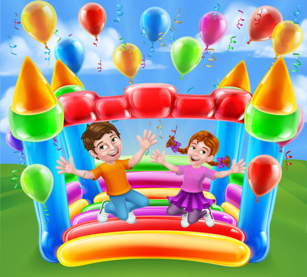 弾む家城 ジャンピング ガール 少年 子供 漫画 - inflatable castle play playground点のイラスト素材／クリップアート素材／マンガ素材／アイコン素材