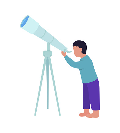 Little boy stargazing with telescope semi flat color vector character. Full body person on white. Youngster skywatcher isolated modern cartoon style illustration for graphic design and animation