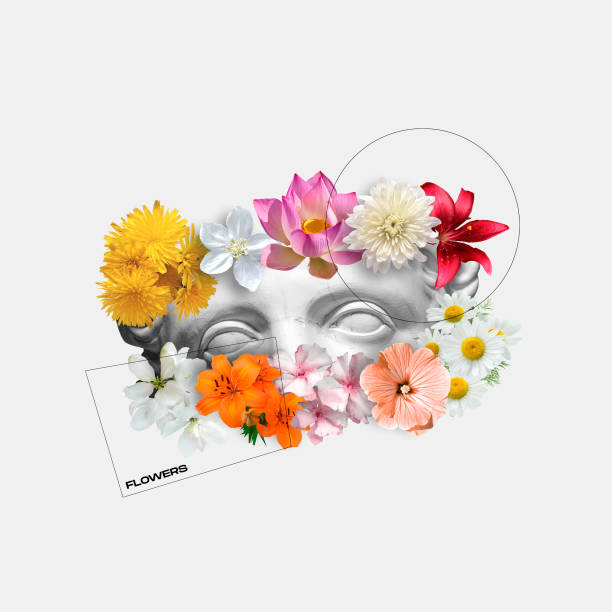 Modern conceptual art poster with ancient statue and flowers. Trendy design. Contemporary pop art work, collage. Concept of summertime, vacation, resort, mood, beach. Summer, colorful traveler symbols.