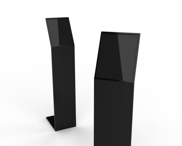 istock Acrylic information show electronic display floor stand for branding, 3d illustration 1333524150