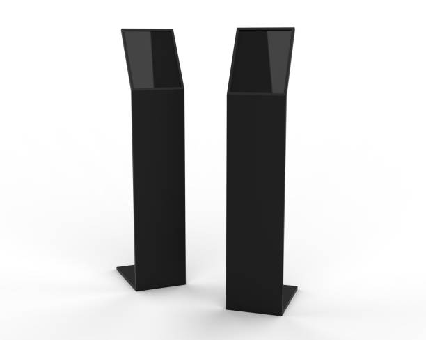 Acrylic information show electronic display floor stand for branding, 3d illustration