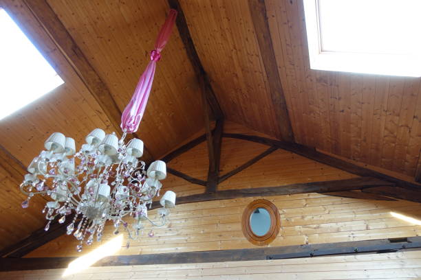 Retro Style Hanging Chandelier  Electric Light  Wood Paneling Wall and Ceiling