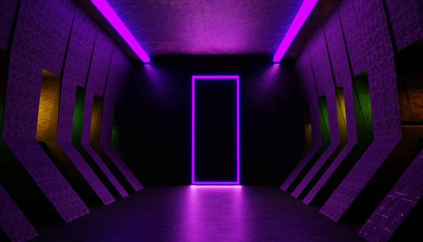 istock Futuristic science fiction dark empty room.Purple Neon Glowing. Floor with reflections 3D rendering. 1333526160