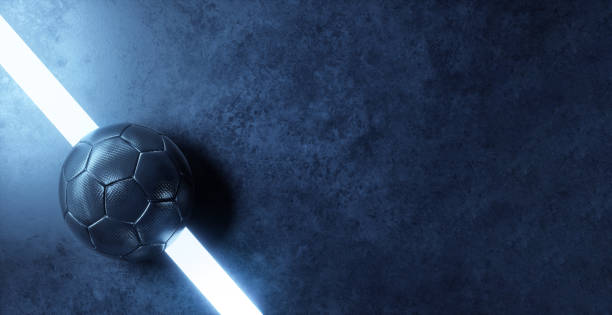 palla di futsal blu sulla linea di un futuristico campo da calcio indoor con un sacco di sfondo spazio copia - futsal indoors soccer ball soccer foto e immagini stock