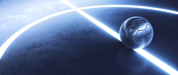palla di futsal blu al centro di un futuristico campo da calcio indoor con sfondo linee bianche incandescenti - futsal indoors soccer ball soccer foto e immagini stock