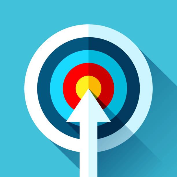 Target icon in flat style on color background. Arrow in the center aim. Vector design element for you business projects Target icon in flat style on color background. Arrow in the center aim. Vector design element for you business projects focus stock illustrations