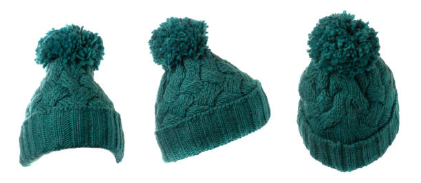 Set of three knitted dark green hat isolated on white background