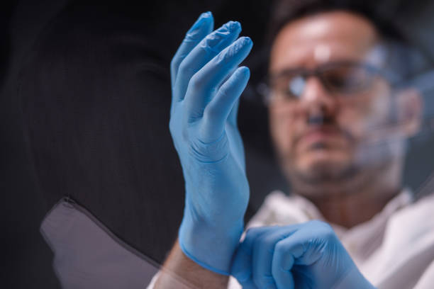 Low angle view of scientist putting on surgical gloves Selective focus shot of male scientist putting on a pair of disposable surgical gloves to protect his hands while working at the laboratory. putting on latex gloves stock pictures, royalty-free photos & images