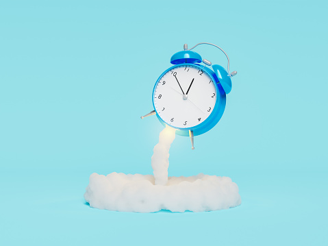 alarm clock rocket taking off with smoke coming out of it. minimal concept of time flies. 3d rendering
