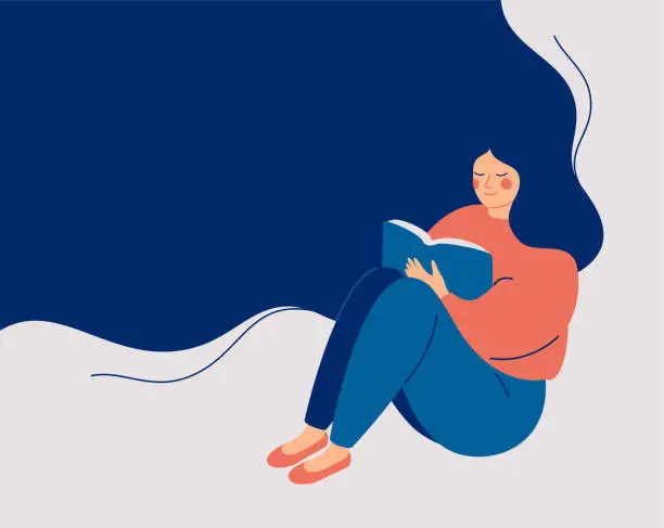 Vector illustration of Happy woman sits and reads the book with enjoy and interest. The girl keeps her diary or takes notes. Book therapy session.