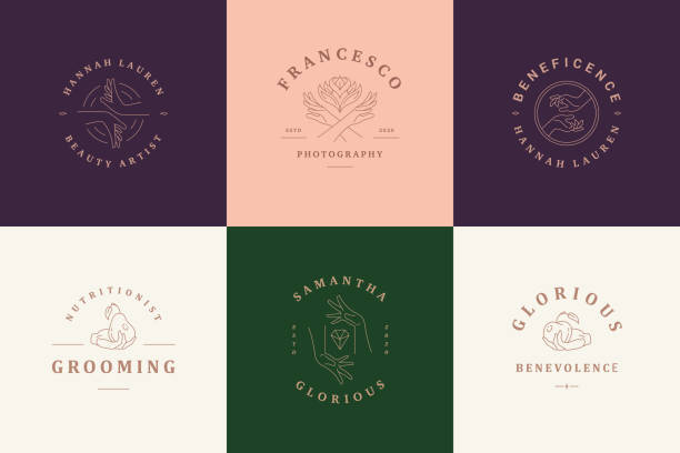 ilustraciones, imágenes clip art, dibujos animados e iconos de stock de logotipos femeninos emblemas plantillas de diseño con manos femeninas gestos ilustraciones vectoriales estilo de arte de línea mínima - terapia-medicina-alternativa