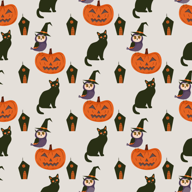 бесшовный узор на хэллоуин, с тыквой, кошкой и совой в шляпе ведьмы. - booboo stock illustrations