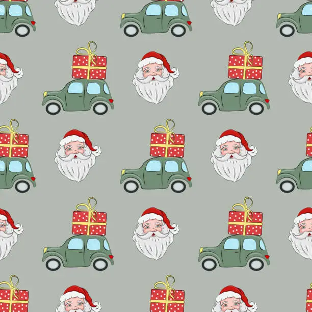 Vector illustration of Christmas seamless pattern, with Santa Claus and green car with a gift on the roof. Christmas and New Year concept. The illustration is great for wrapping paper and packaging.