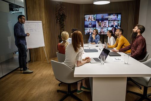 Wide shot of CEO standing by the whiteboard and holding a presentation for a group of his employees, some of which are on a video call. They are all carefully listening.