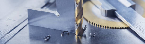 istock metal drill bit with triangle ruler make holes in steel billet on industrial drilling machine. Metal work industry and locksmith work. 1333539107