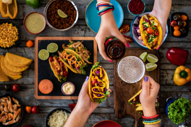 Many types of tacos on the table. Mexican street food concept. tortilla chip photos stock pictures, royalty-free photos & images