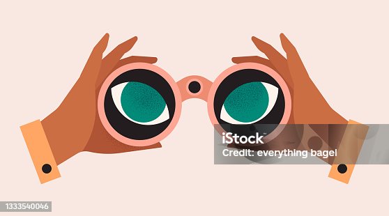 istock Hands holding binoculars, big eyes looking forward through lenses. Concept of search, vision, view, spying. Future strategy, business opportunity, exploration. 1333540046