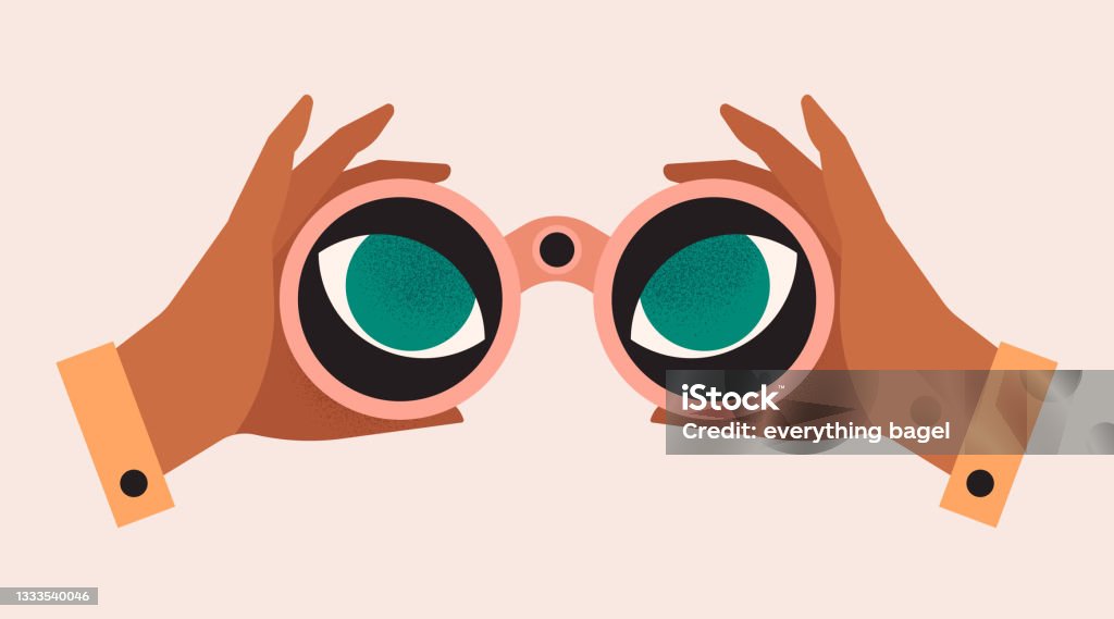 Hands holding binoculars, big eyes looking forward through lenses. Concept of search, vision, view, spying. Future strategy, business opportunity, exploration. Isolated vector illustration. Binoculars stock vector