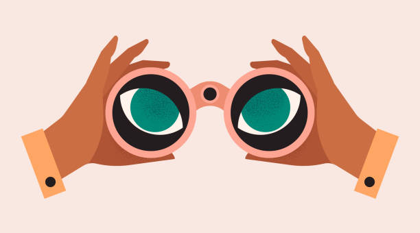 Hands holding binoculars, big eyes looking forward through lenses. Concept of search, vision, view, spying. Future strategy, business opportunity, exploration. Isolated vector illustration. lens eye stock illustrations