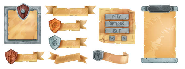 Game ribbon parchment UI set, vector ancient paper menu frame kit, isolated old papyrus banner. User interface medieval manuscript sign board, wooden shield, stone button. Game parchment badge parchment scroll banner stock illustrations