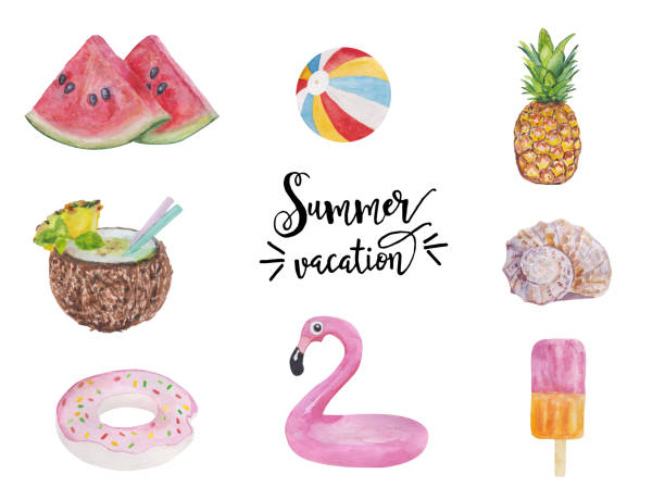 ilustrações de stock, clip art, desenhos animados e ícones de set of cute summer vacation objects: food, drinks, fruits, flamingos and shell . collection of isolated watercolor elements - food and drink fruit cartoon illustration and painting