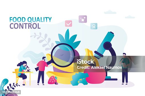 istock Group of biochemists check quality of products. Man with magnifying glass checks composition of fruit 1333542268