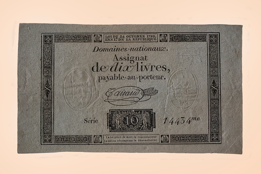 Assignat of 10 Livres payable to the bearer - Law of 24 October 1792 - Year I of the Republic - Series 14434 th - signature: Taisaud.