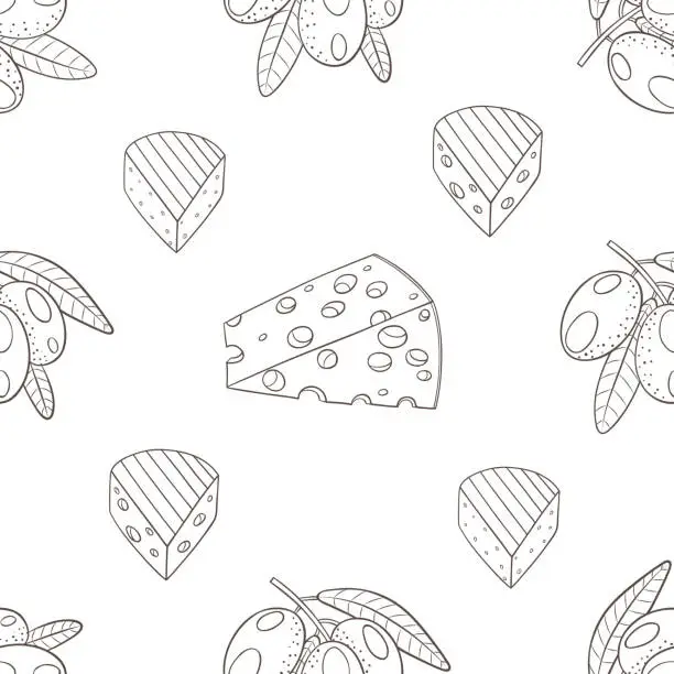 Vector illustration of vector seamless pattern with cheese and olive plant 01