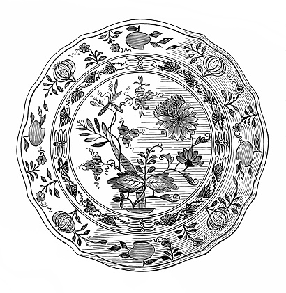 Illustration of a Meissen hard-porcelain plate with the so-called onion pattern