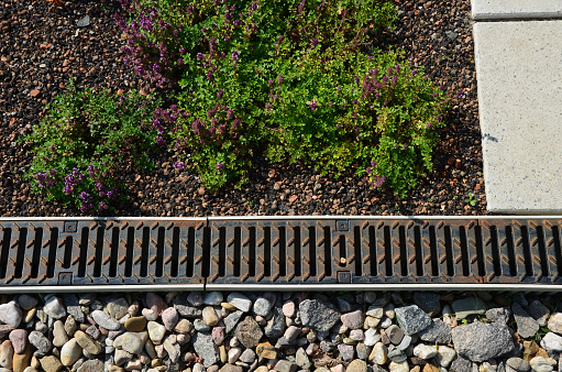 roof gutter covered with a square plastic green grid. green roofs covered with substrate. the area around the drain is mulched with stone mulch from pebbles