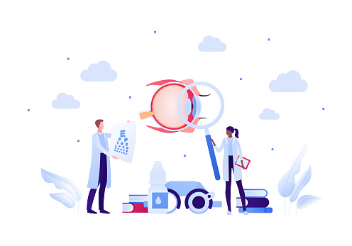 Ophthalmology and eye disease concept. Vector flat healthcare illustration. Male female ophthalmologist doctor team with equipment. Eyeball, chart, drops, book symbol. Design for health care.