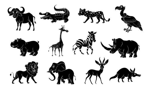 istock Large set of African animals. Funny characters animals silhouette. 1333545850