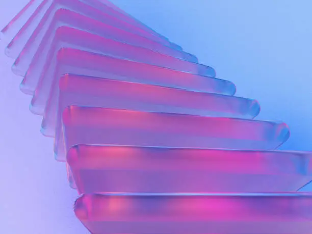3D rendered squares in different sizes with a transparent material on a blue and purple background. Illustration of structured data, digital flow, or fragmental visualization.