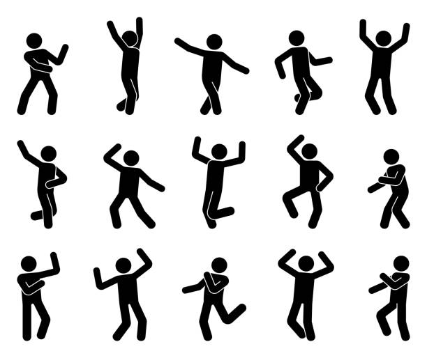 ilustraciones, imágenes clip art, dibujos animados e iconos de stock de feliz palo figura hombre bailando manos para arriba de diferentes poses vector icono conjunto. stickman disfrutando, saltando, divirtiéndose, pictograma de silueta de fiesta sobre fondo blanco - silhouette people dancing the human body