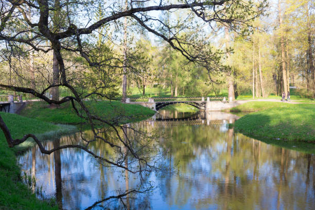 istock A metal bridge with a wrought-iron grating through the branches of trees, reflected in the water of the Catherine Park pond. 1333551546