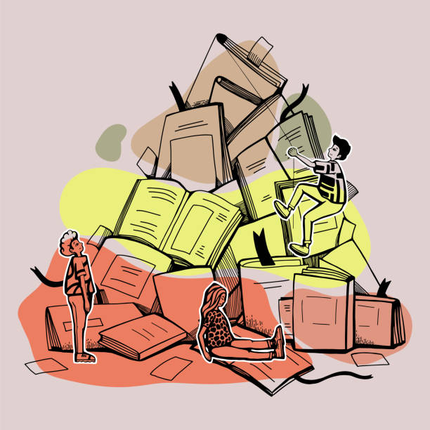 istock people climb the mountain from the books. cute graphic flat modern illustration about the difficulty of studying in school, college or university. hand drawn sketch. isolated