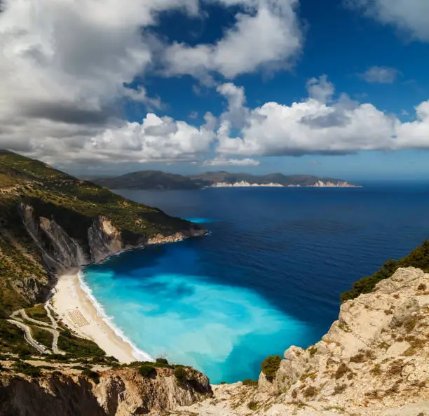Photo of A top panoramic view at Myrtos Beach and fantastic turquoise and blue Ionian Sea water. Aerial view, summer scenery of famous and extremely popular travel destination in Cephalonia, Greece, Europe