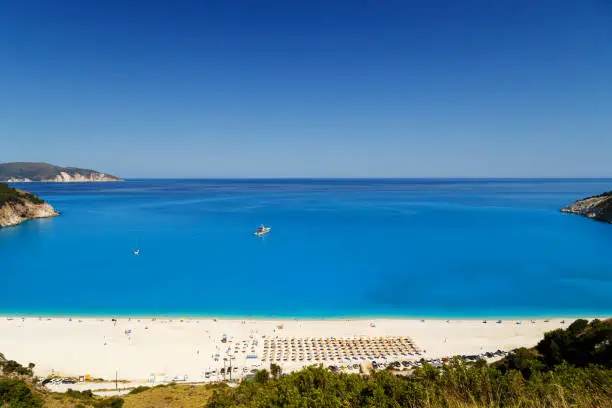 Photo of Fantastic panoramic top view at Myrtos Beach with turquoise and blue Ionian Sea water. Summer scenery of famous and extremely popular travel destination in Cephalonia, Greece, Europe