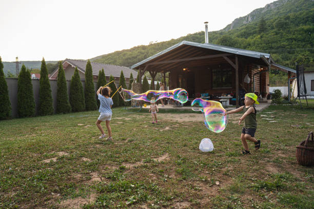 istock Excited siblings, playing at the backyard, during family gathering with a bubble wand, making a big soap bubble 1333554355